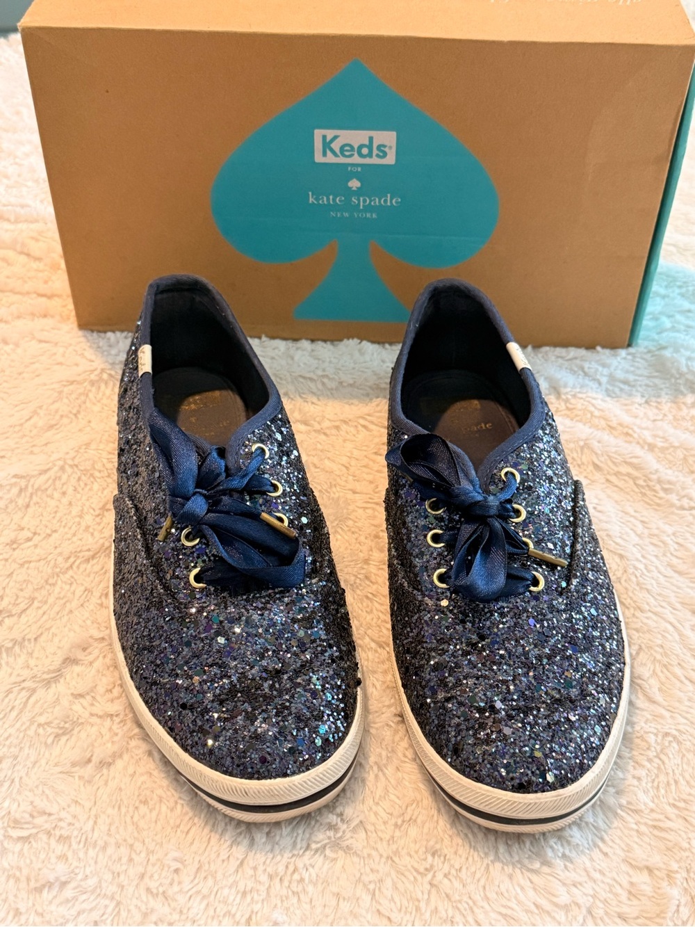 kate spade Navy Glitter Ribbon Lace Sneakers for Kids